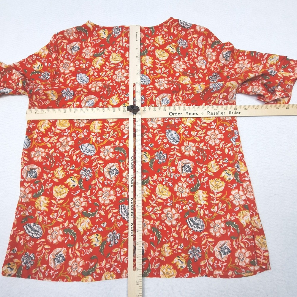 LOFT Blouse Womens‎ Medium Orange Floral Flutter Sleeve V-Neck Casual Top - Picture 4 of 5